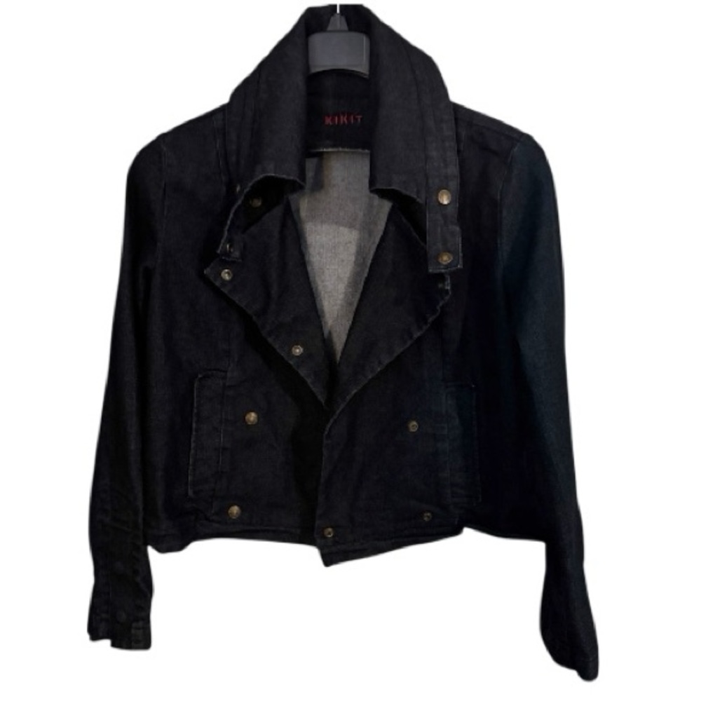 KIKIT Y2K Dark Blue Denim Cropped Peacoat Swing Jean Jacket Sz L